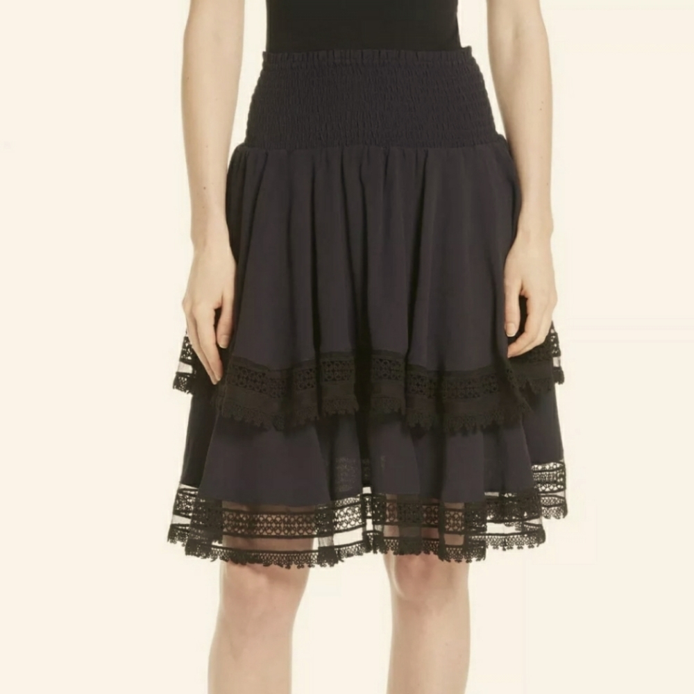 MAJE navy Jaglia Tiered Lace  Skirt medium to large Fr3 knee length skater flare